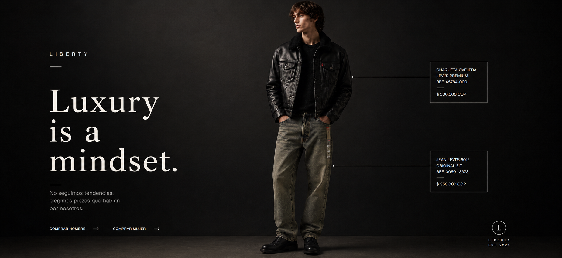 Campaña editorial LIBERTY Luxury is a mindset con modelo ficticio usando chaqueta negra y jean